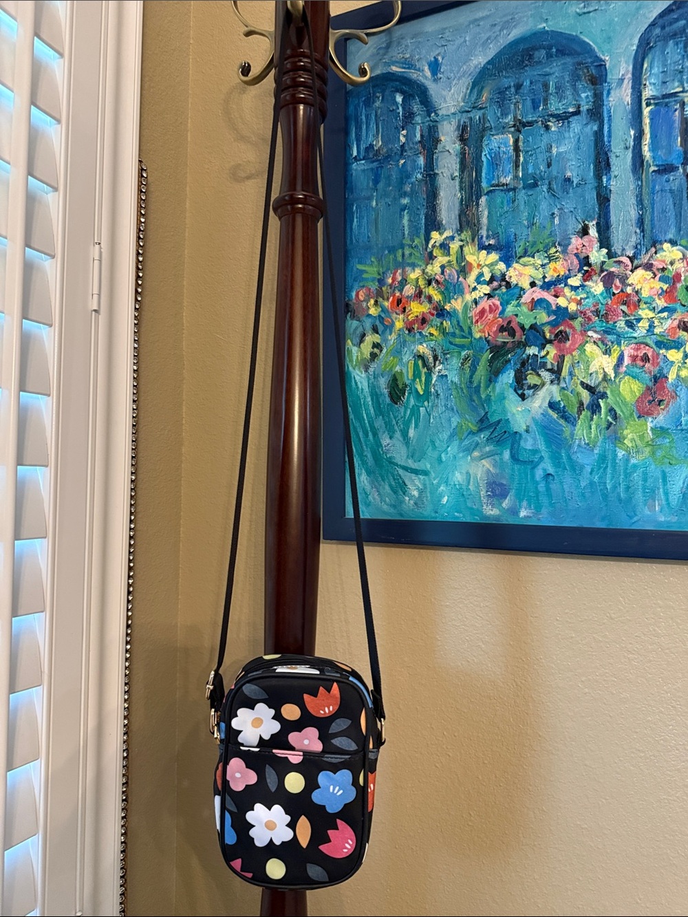 Black Floral Crossbody Phone Pouch with Multicolor Blooms